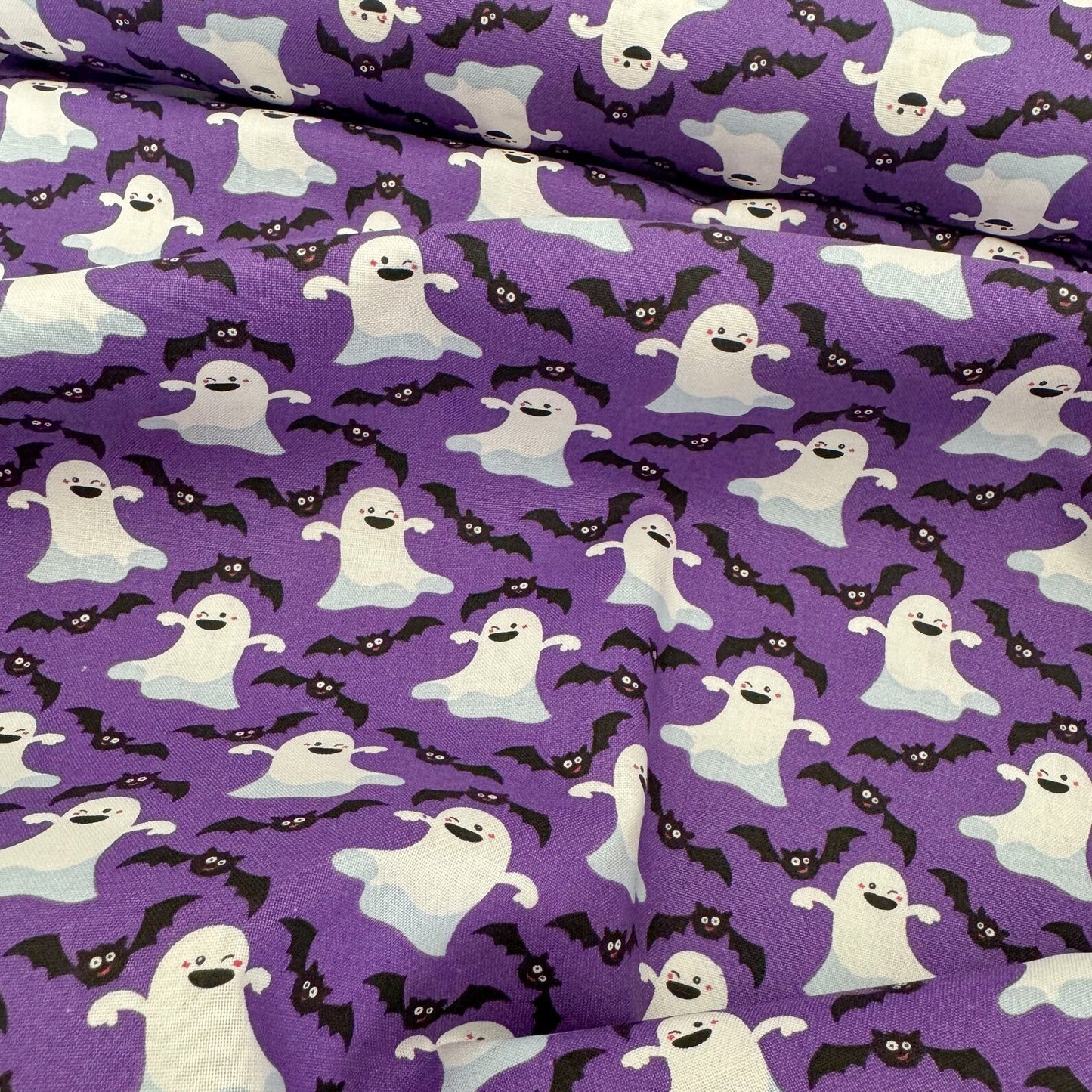 Halloween Dancing Ghosts and Bats on Purple 100% Cotton Fabric