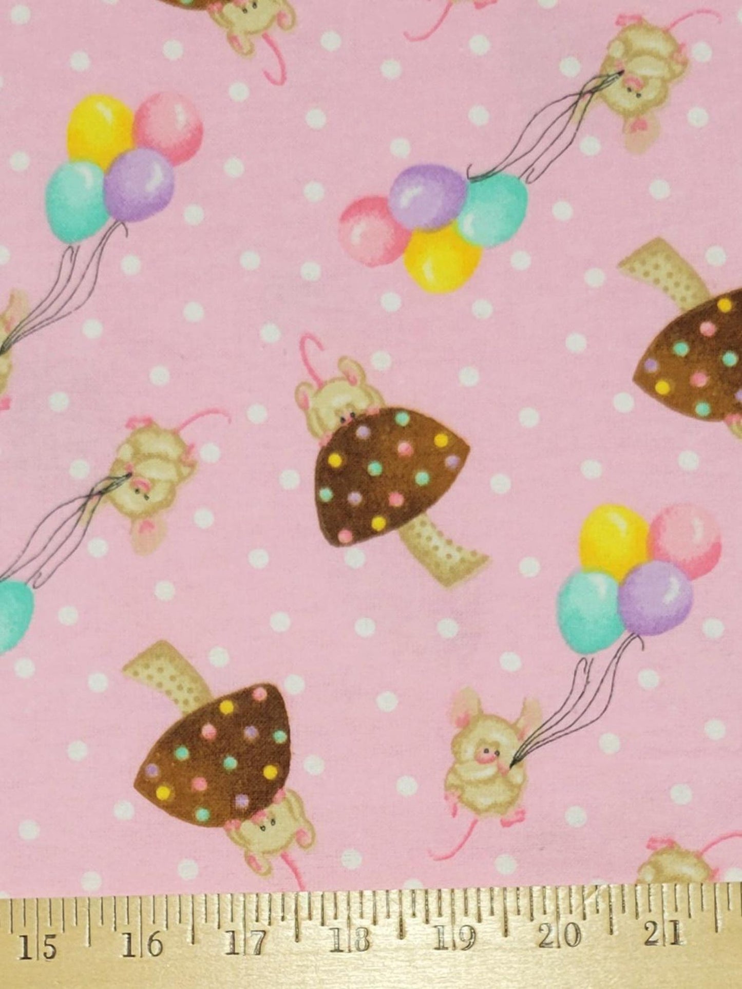 A.E. Nathan Comfy Flannel Mice Balloons and Mushrooms on Pink Baby Price per Yard