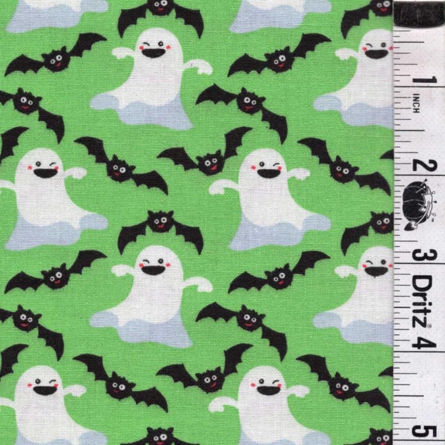Halloween Fabric Dancing Ghosts and Bats on Green 100% Cotton