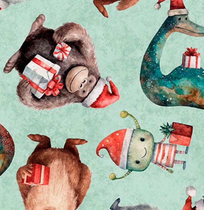 QT Fabrics Christmas Monsters on Seafoam Green 100% Cotton Price per Yard