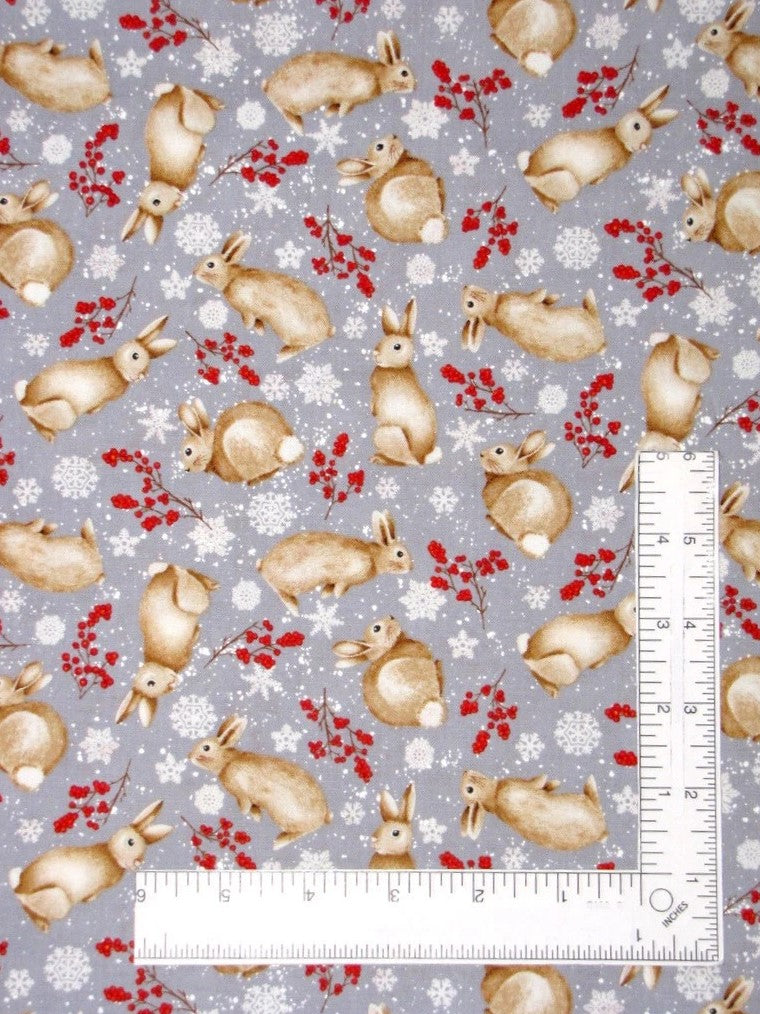 Christmas Tossed Bunnies on Gray 100% Cotton Price per Yard