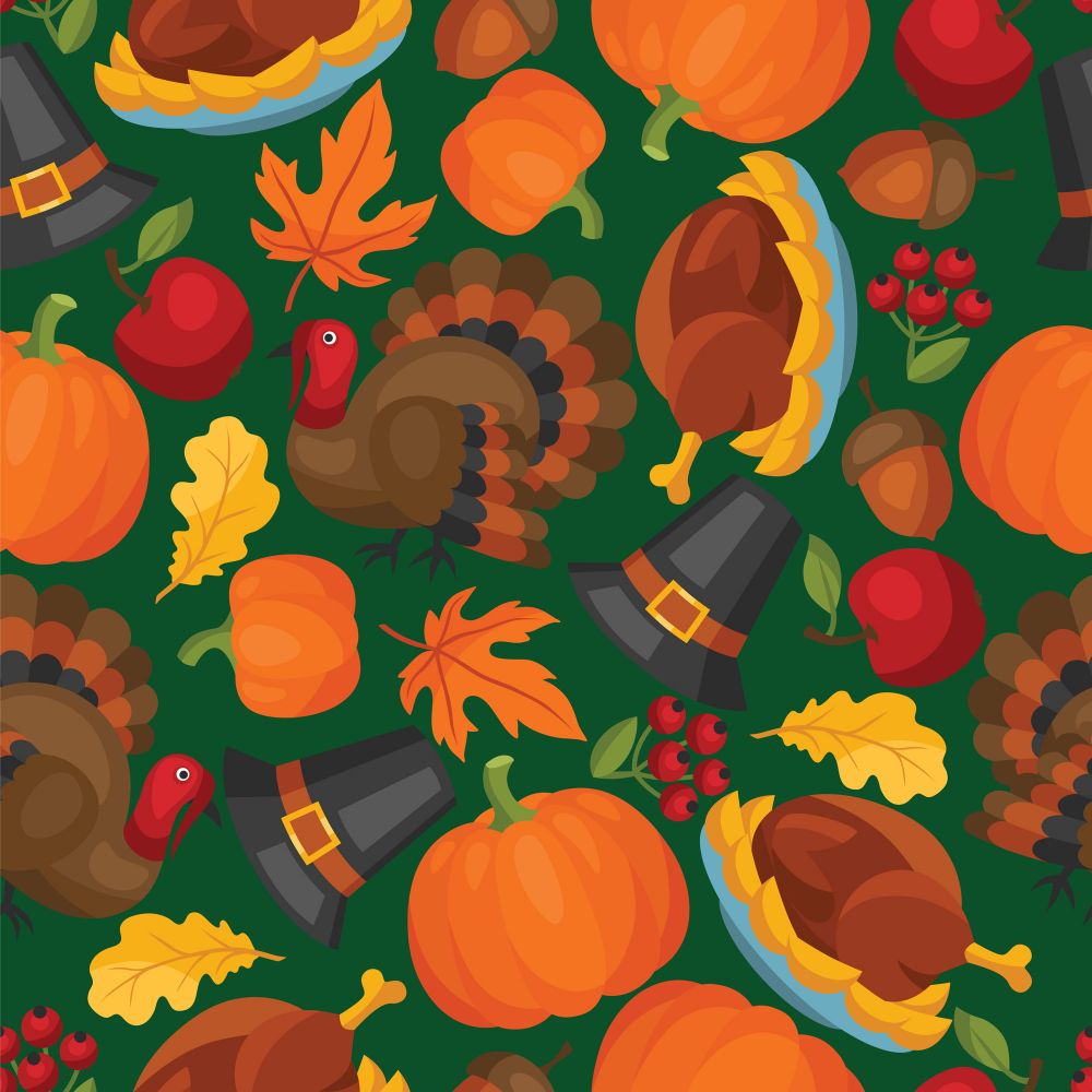Thanksgiving Turkey Acorns Pumpkins Hats on Green 100% Cotton Fabric