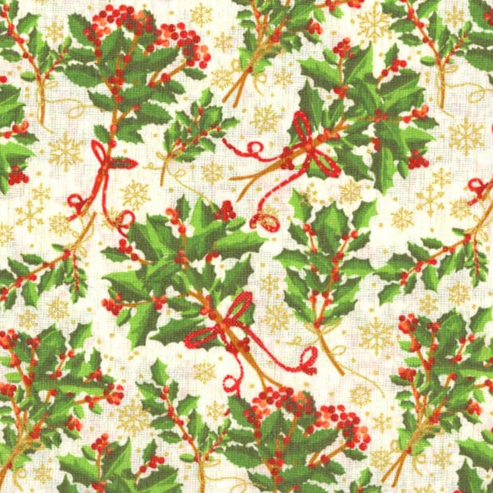 Christmas Holly and Gold Metallic Snowflakes on Ivory