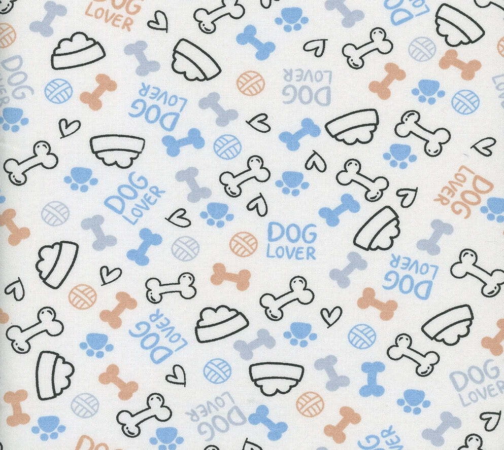 Dog Lover Dishes Hearts Paws and Bones Periwinkle 100% Cotton Fabric