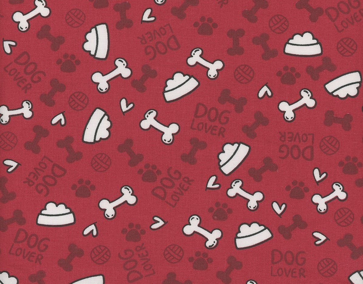 Dog Lover Dishes Hearts Paws and Bones Red 100% Cotton Fabric