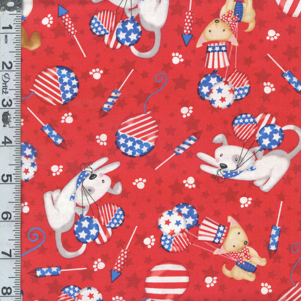 Studio E Patriotic Pooch Pups and Balloons on Red Dogs Price per Yard