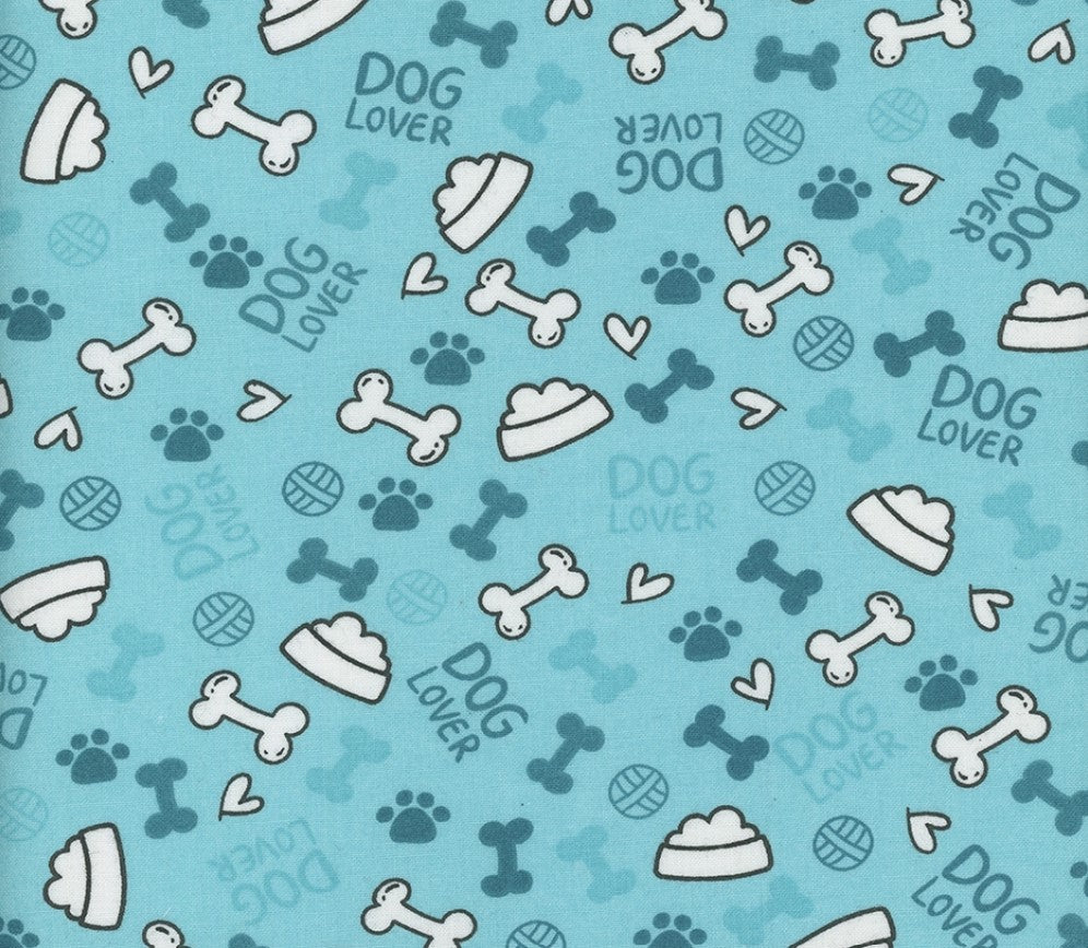 Dog Lover Dishes Hearts Paws and Bones Teal 100% Cotton Fabric