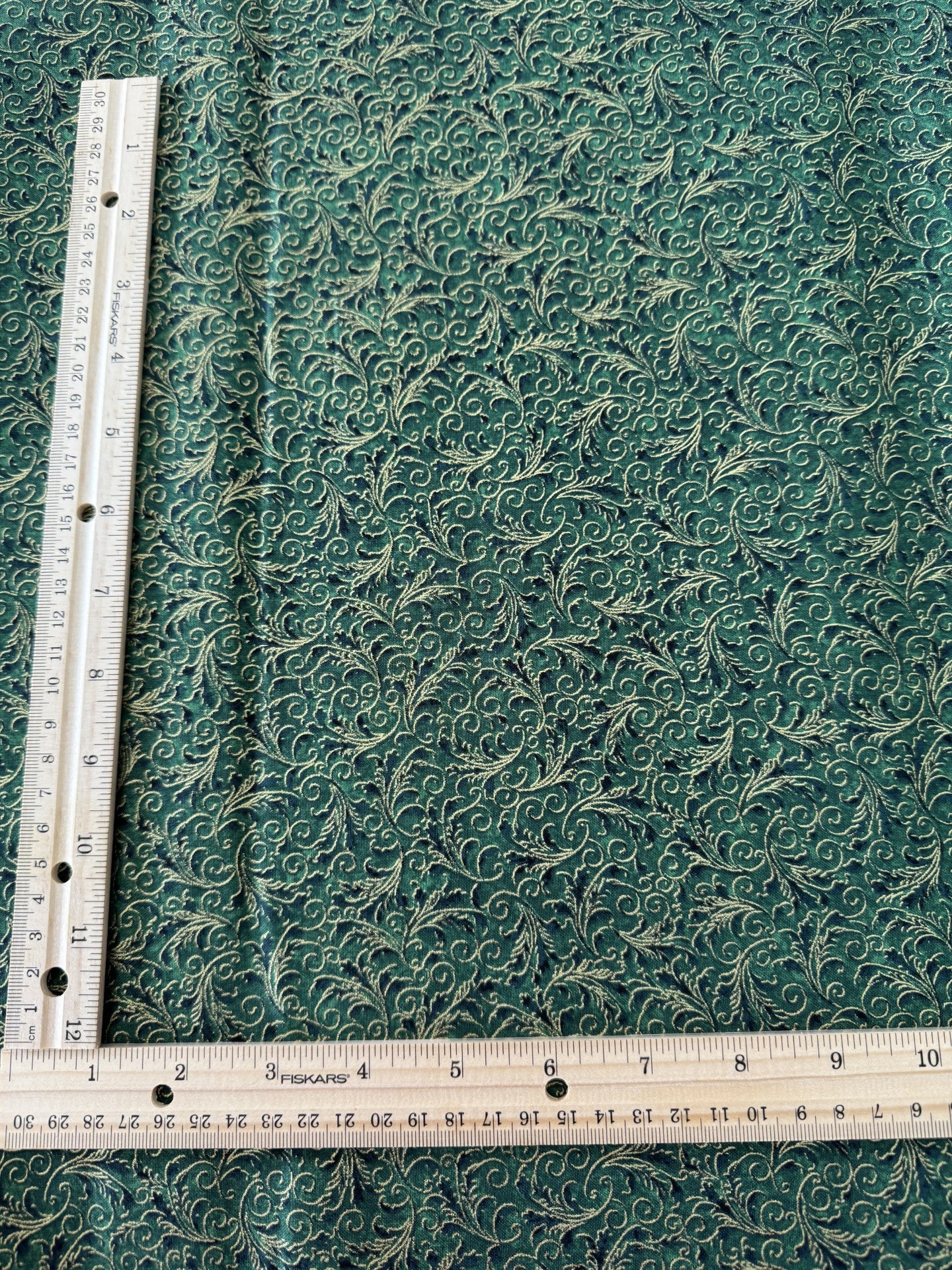 Hi Fashion Christmas Gold Scroll on Green Metallic 100% Cotton Fabric Price Per Yard