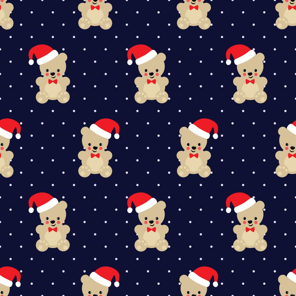 45 x 36 Christmas Teddy Bears on Navy Blue with Dots 100% Cotton