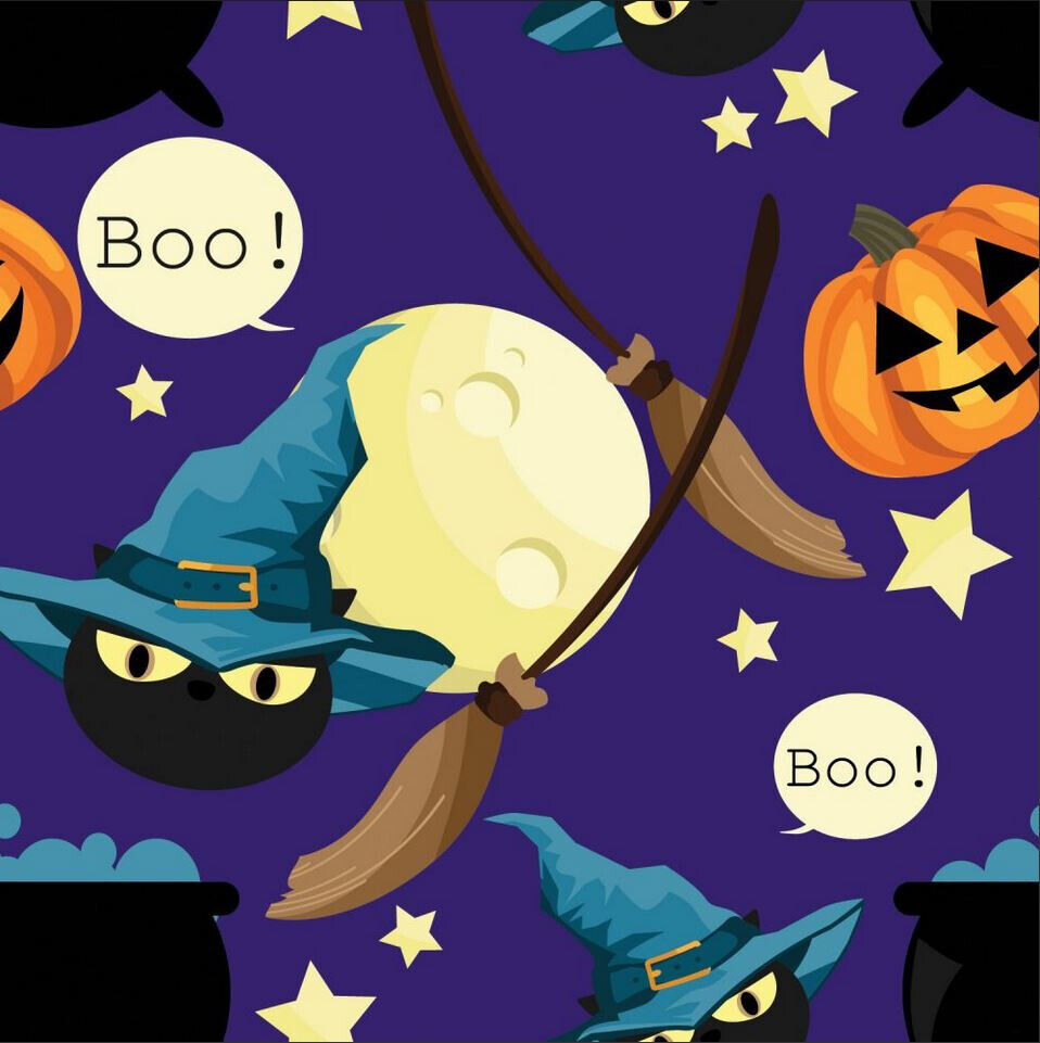 45 x 36 Halloween Fabric Smiling Pumpkin Jack o Lantern cauldron on Purple 100% Cotton Fabric