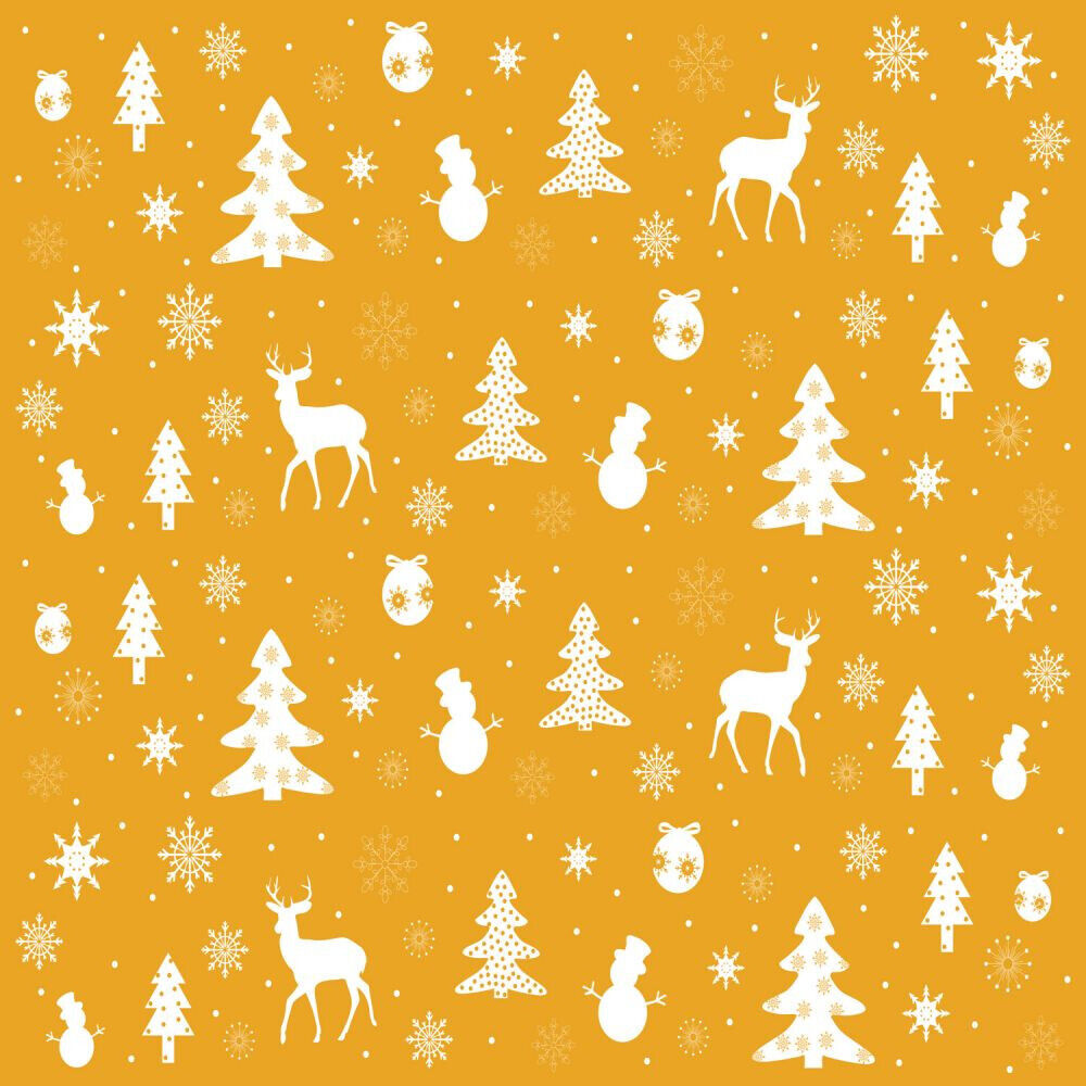 Christmas Reindeer Snowmen Trees Snowflakes Ornaments on Gold 100% Cotton Fabric