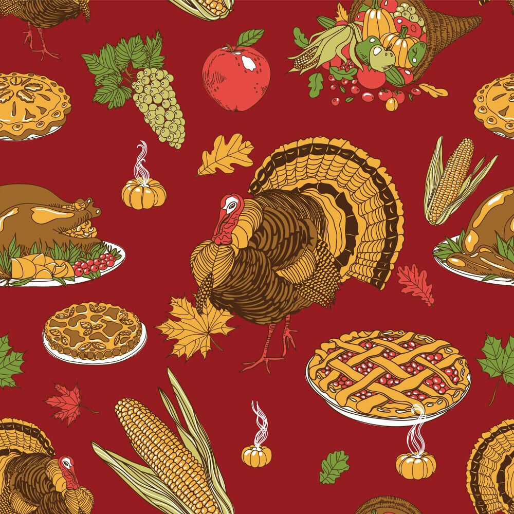 Thanksgiving Turkey Pie Gourds Corn Pie on Red 100% Cotton Fabric