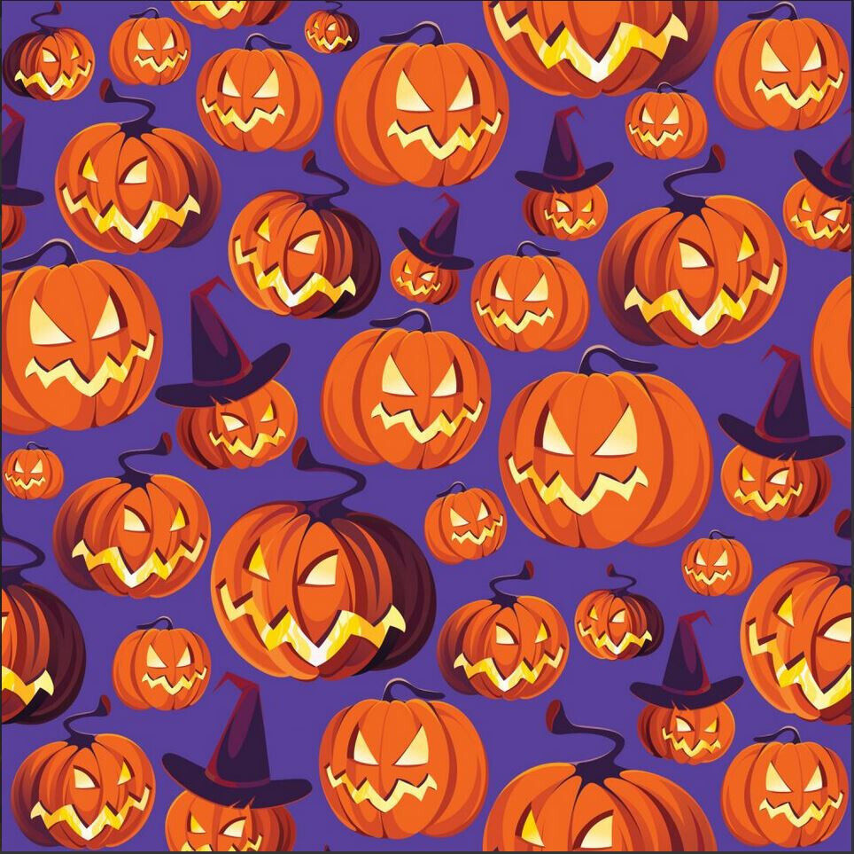 Halloween Pumpkins with Witches Hats on Purple 100% Cotton Fabric