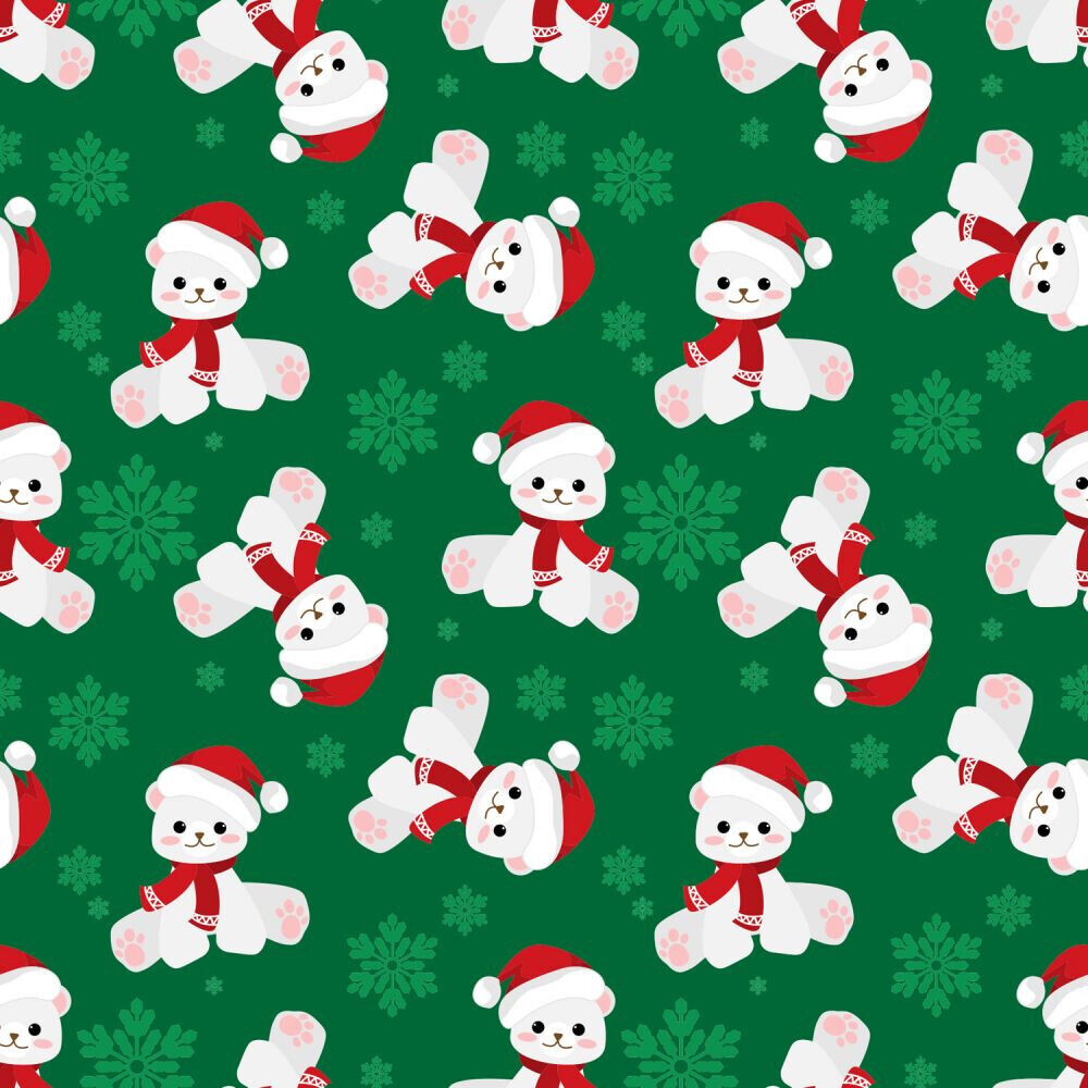 45 x 36 Christmas Teddy Bears and Snowflakes on Green 100% Cotton Fabric