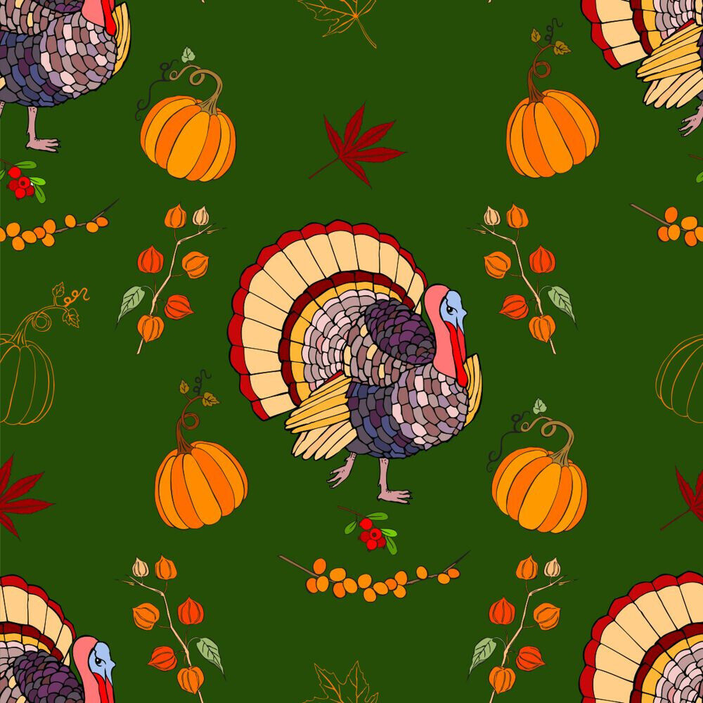 Fall Autumn Thanksgiving Turkey and Pumpkins on Green 100% Cotton Fabric