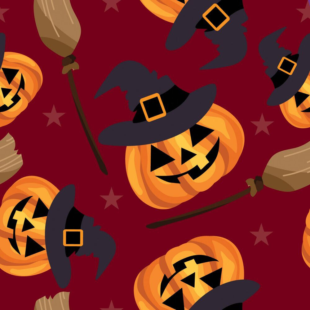 Halloween Pumpkins and Witches Brooms on Red 100% Cotton