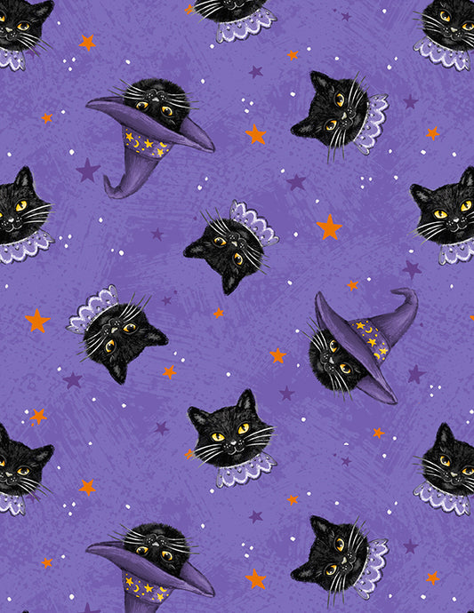 Price per Yard Black Cats on Purple Meow-gical Nights Wilmington Prints 100% Cotton Halloween