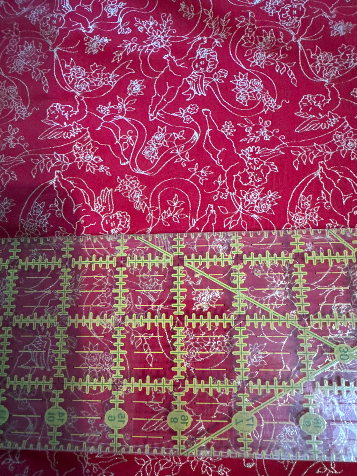 Christmas Vintage Metallic Gold Cherubs Angels and Ribbons on Red 100% Lightweight Cotton Price per Yard