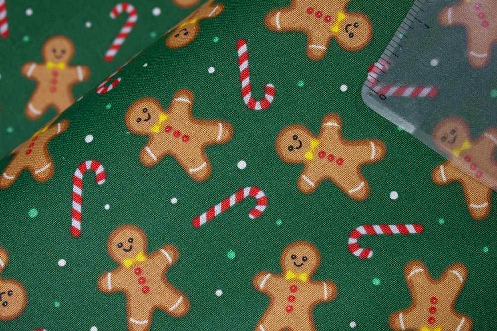 44 x 36 Christmas Gingerbread Dance Candy Canes on Green 100% Cotton Fabric By the Yard