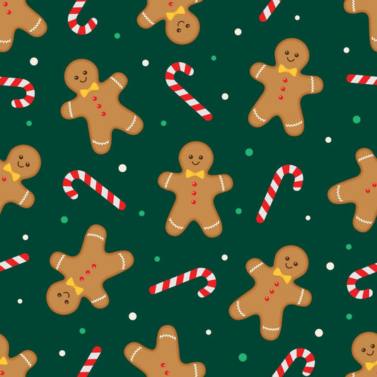 44 x 36 Christmas Gingerbread Dance Candy Canes on Green 100% Cotton Fabric By the Yard