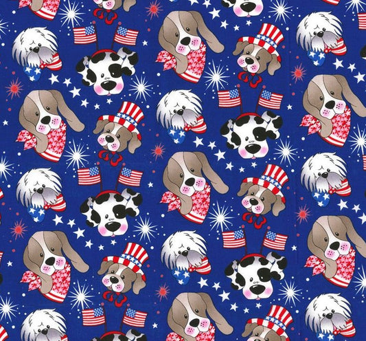 Fabric Traditions Patriotic Pups on Blue Dogs 100% Cotton Fabric Price Per Yard