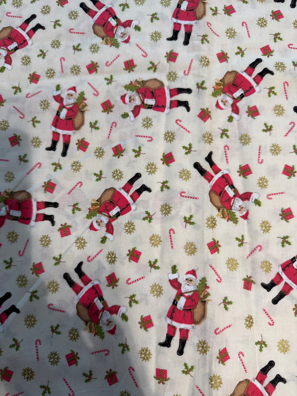 Christmas Santa and Candy Canes on Cream 100% Cotton Price per Yard