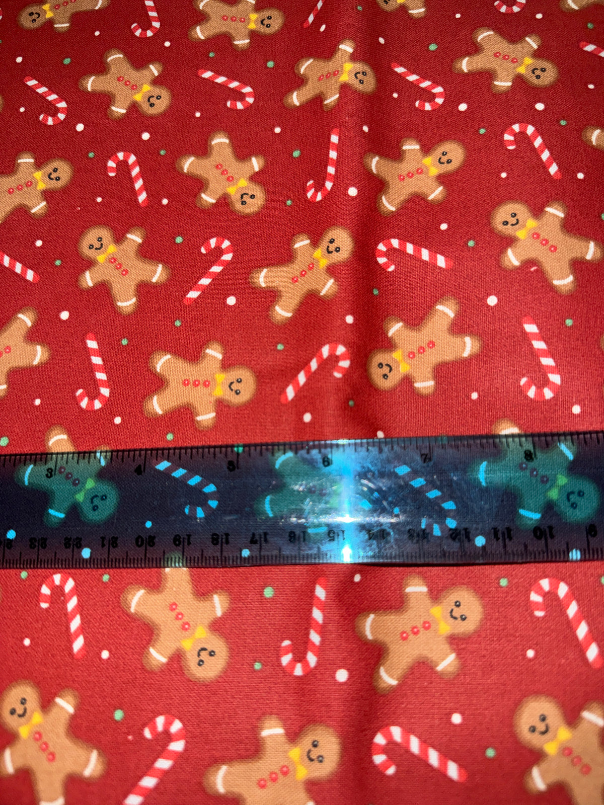 Christmas Gingerbread and Candy Canes on Red 100% Cotton By the Yard