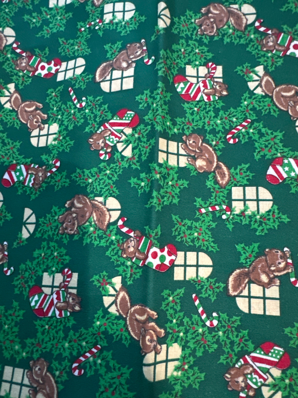 Christmas Vintage Squirrels Stockings on Green 100% Lightweight Cotton Price per Yard
