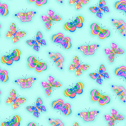 A.E. Nathan Comfy Flannel Butterfly on Aqua Baby Price per Yard