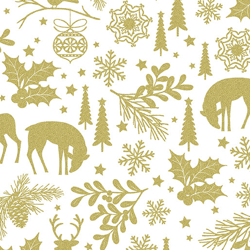 44 x 36 Holiday Forest on Ivory Benartex Christmas Metallic 100% Cotton Fabric