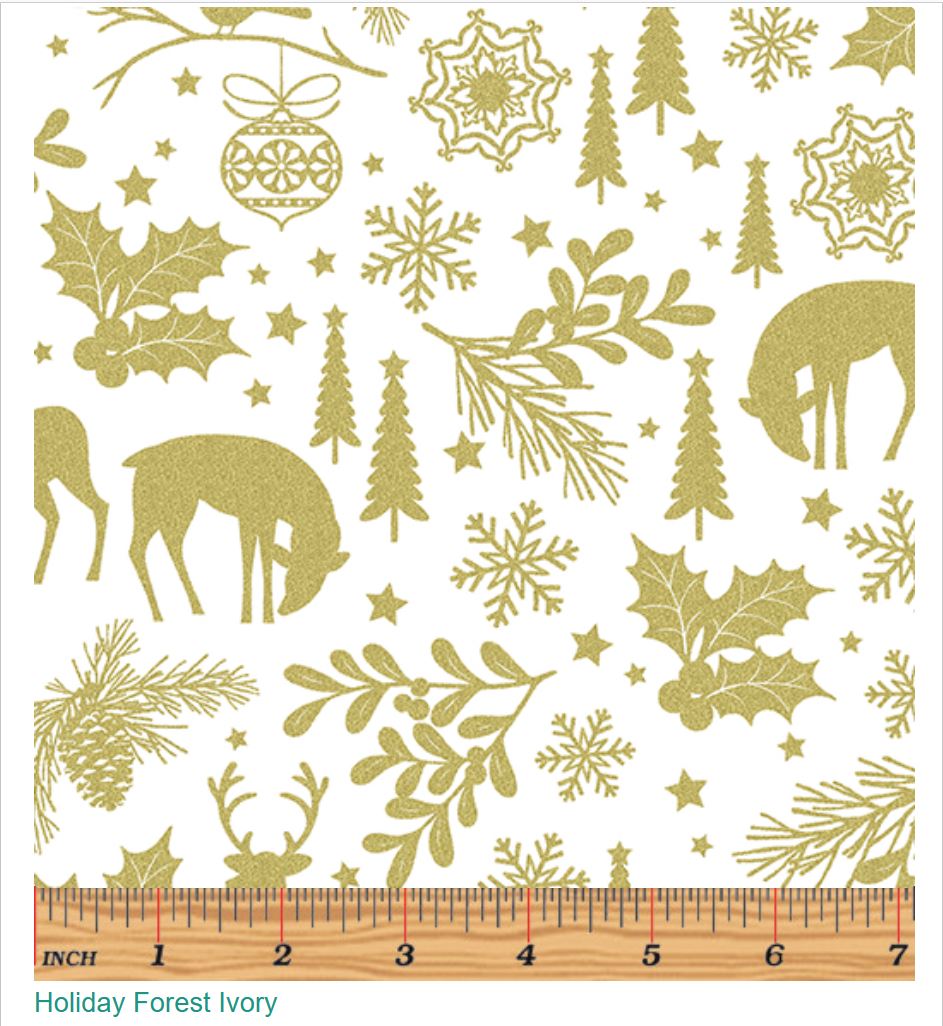 44 x 36 Holiday Forest on Ivory Benartex Christmas Metallic 100% Cotton Fabric