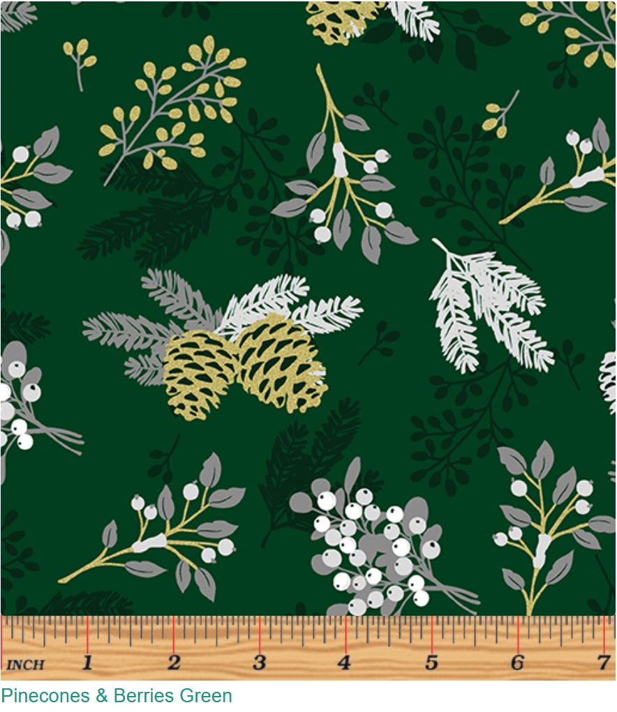44 x 36 Pine Cones and Berries on Green Benartex Christmas Metallic 100% Cotton Fabric
