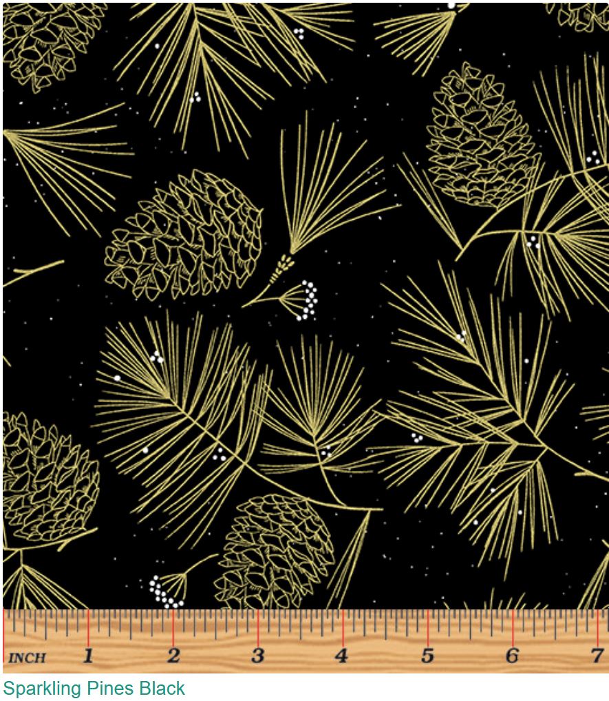 44 x 36 Pine Cones on Black Benartex Christmas Metallic 100% Cotton Fabric