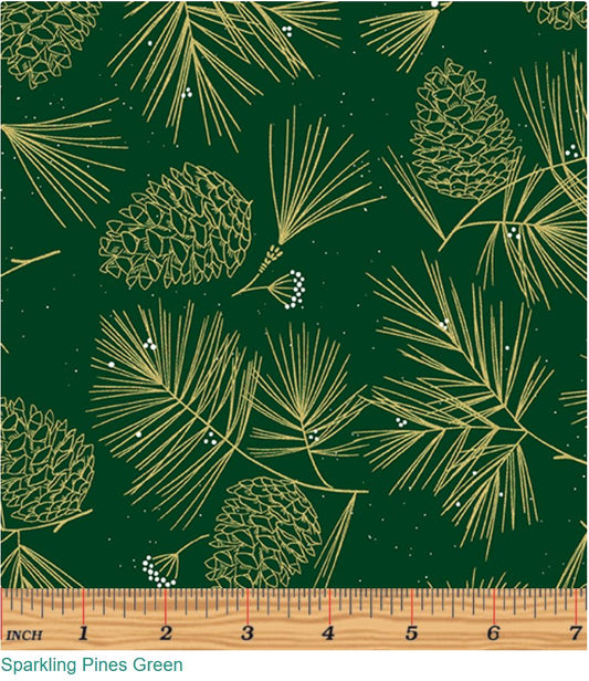 44 x 36 Pine Cones on Green Benartex Christmas Metallic 100% Cotton Fabric