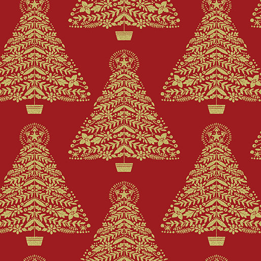 44 x 36 Festive Trees on Red Benartex Christmas Metallic 100% Cotton Fabric