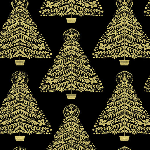 44 x 36 Festive Trees on Black Benartex Christmas Metallic 100% Cotton Fabric