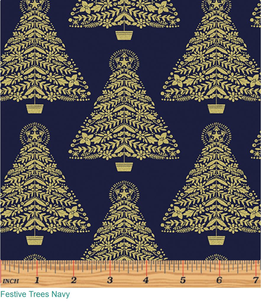 44 x 36 Festive Trees on Navy Benartex Christmas Metallic 100% Cotton Fabric