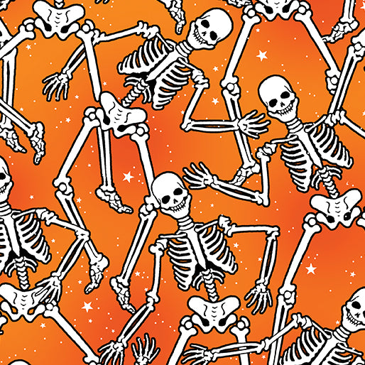 44 x 36 Glow in the Dark Large Skeletons on Orange Halloween Benartex 100% Cotton Fabric