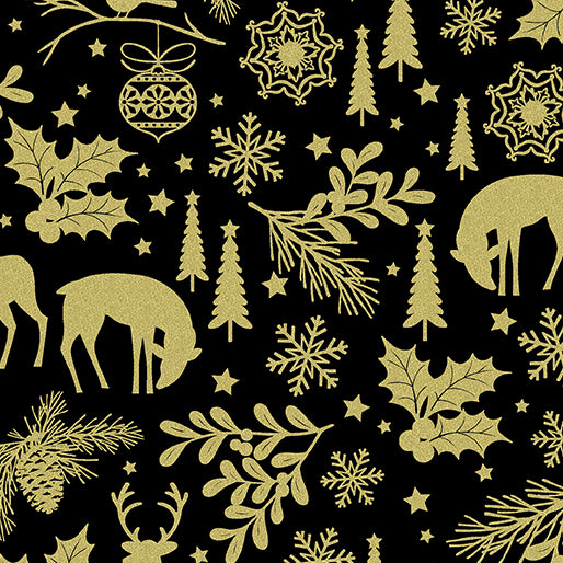 44 x 36 Holiday Forest on Black Benartex Christmas Metallic 100% Cotton Fabric