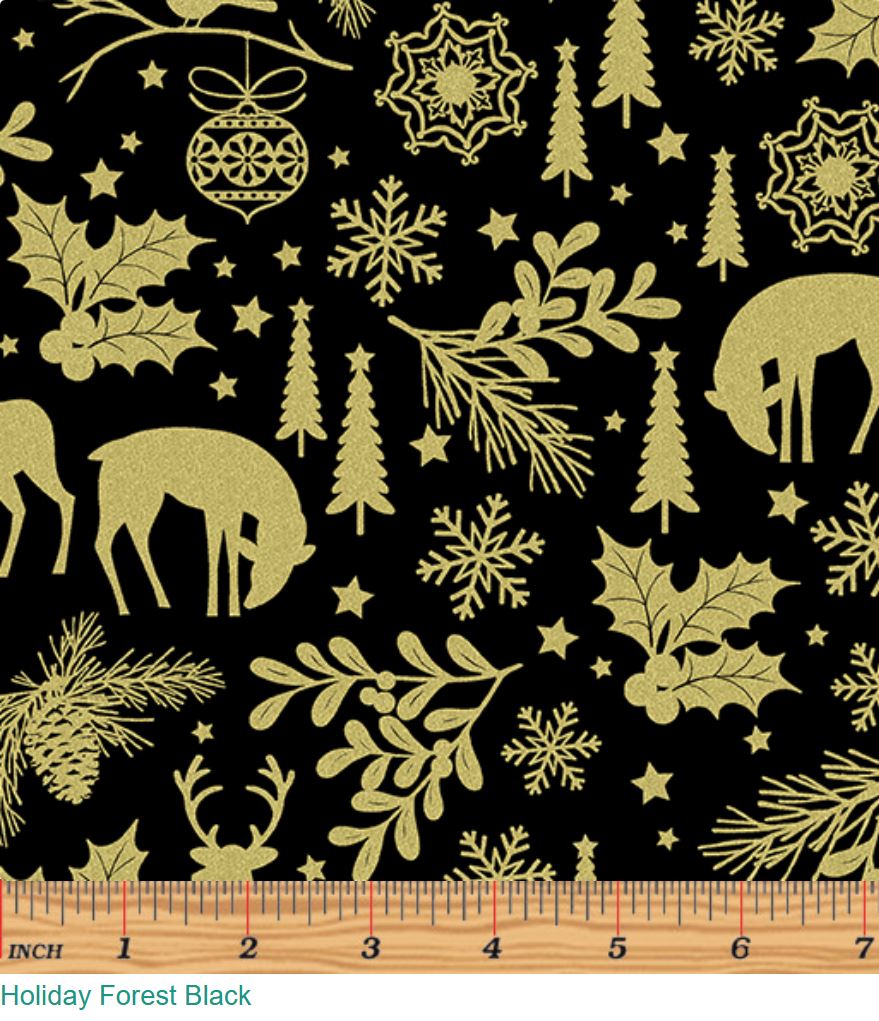 44 x 36 Holiday Forest on Black Benartex Christmas Metallic 100% Cotton Fabric
