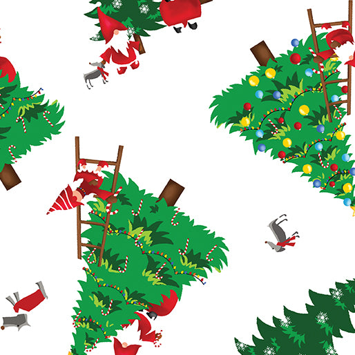 44 x 36 Gnomes Christmas Trees on White Benartex 100% Cotton