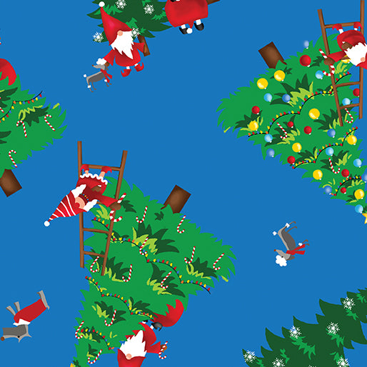 44 x 36 Gnomes Christmas Trees on Dark Blue Benartex 100% Cotton