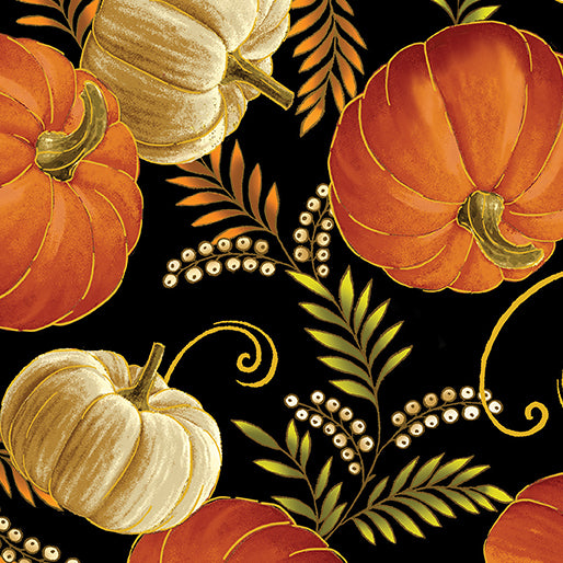 44 x 36 FLANNEL Pumpkin Harvest on Black Fall Thanksgiving Benartex 100% Cotton Fabric