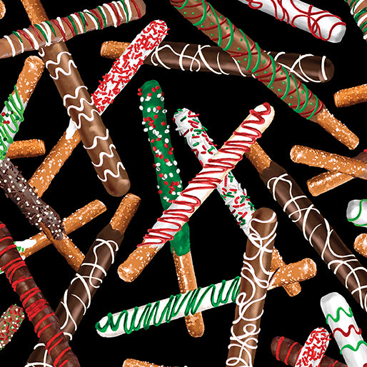 Benartex Sweet Holidays Pretzels On Black Christmas 100% Cotton Fabric