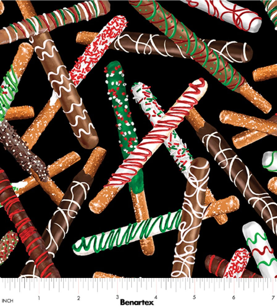 Benartex Sweet Holidays Pretzels On Black Christmas 100% Cotton Fabric