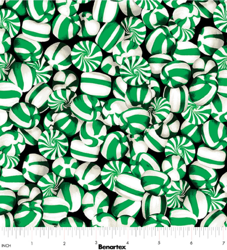 Benartex Sweet Holidays Peppermints On Green Christmas 100% Cotton Fabric