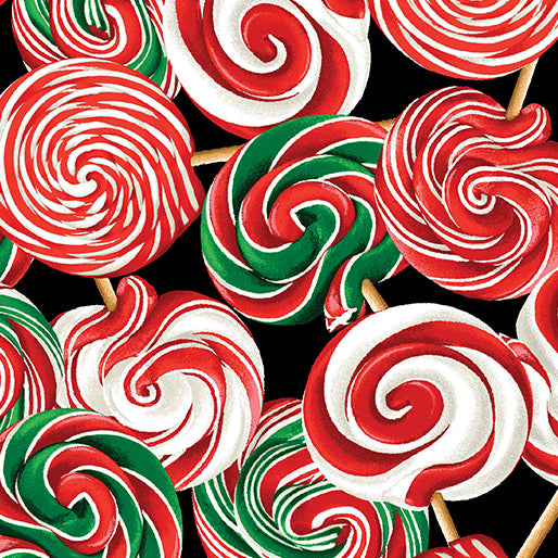 Benartex Sweet Holidays Lollipops On Black Christmas 100% Cotton Fabric