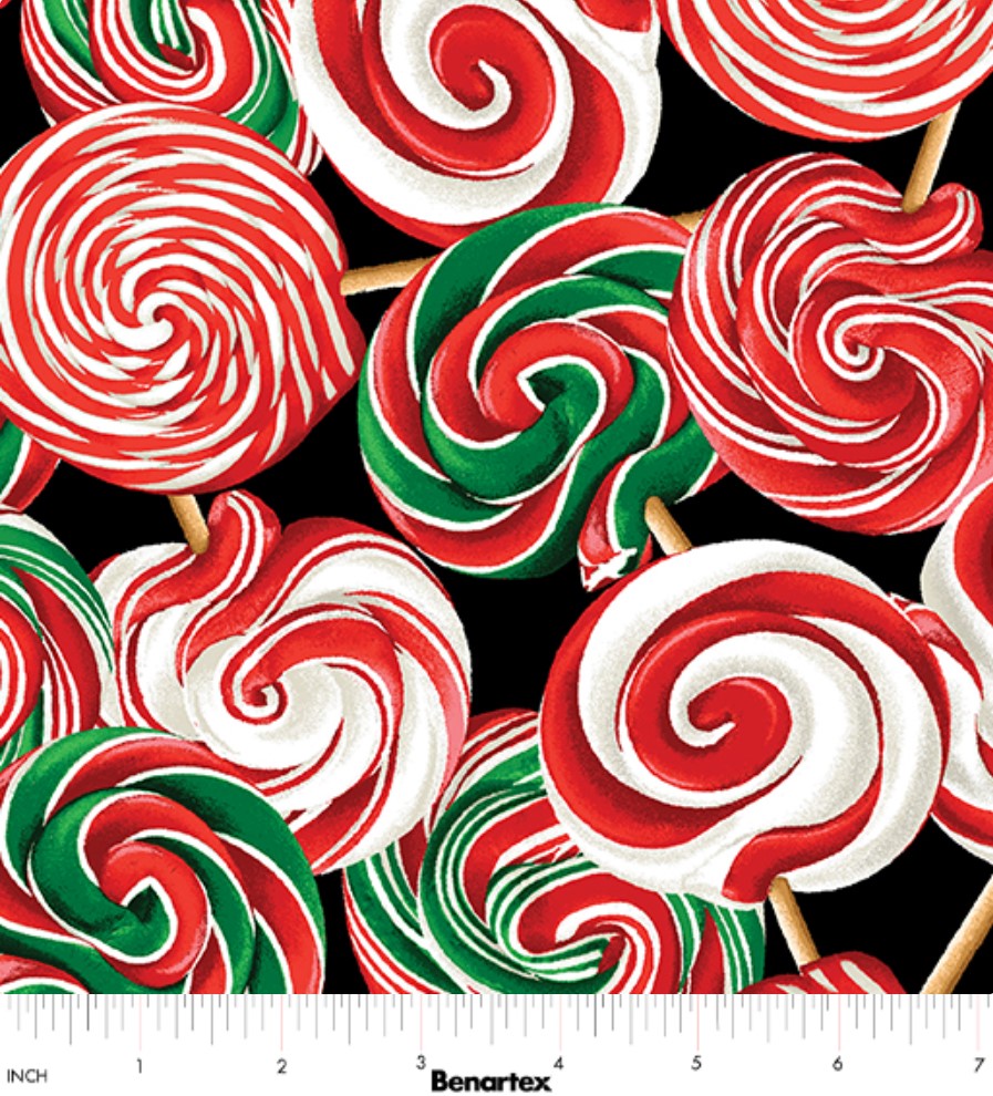 Benartex Sweet Holidays Lollipops On Black Christmas 100% Cotton Fabric