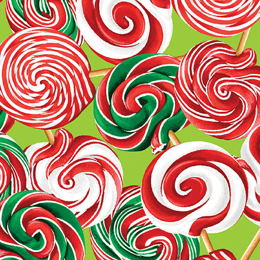 Benartex Sweet Holidays Lollipops On Green Christmas 100% Cotton Fabric