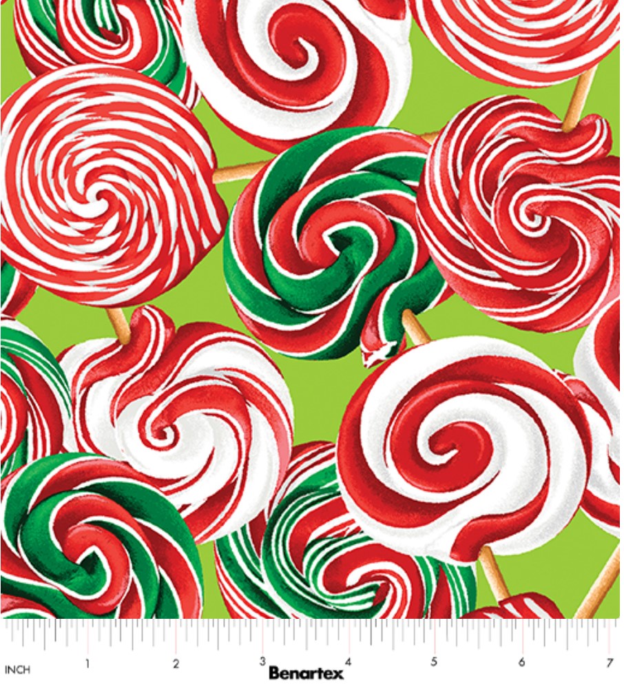 Benartex Sweet Holidays Lollipops On Green Christmas 100% Cotton Fabric